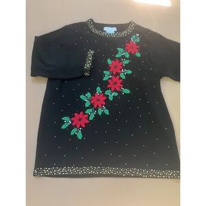Victoria Jones Black Poinsettia Beaded Embroidered Christmas Sweater Large Party